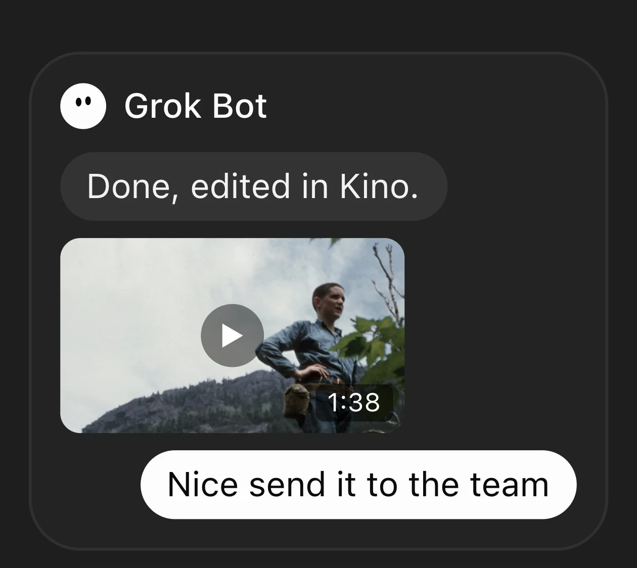 Grok Bot replies “Done, edited in Kino.” with a finished video, and the user asks it to send the edit to the team.