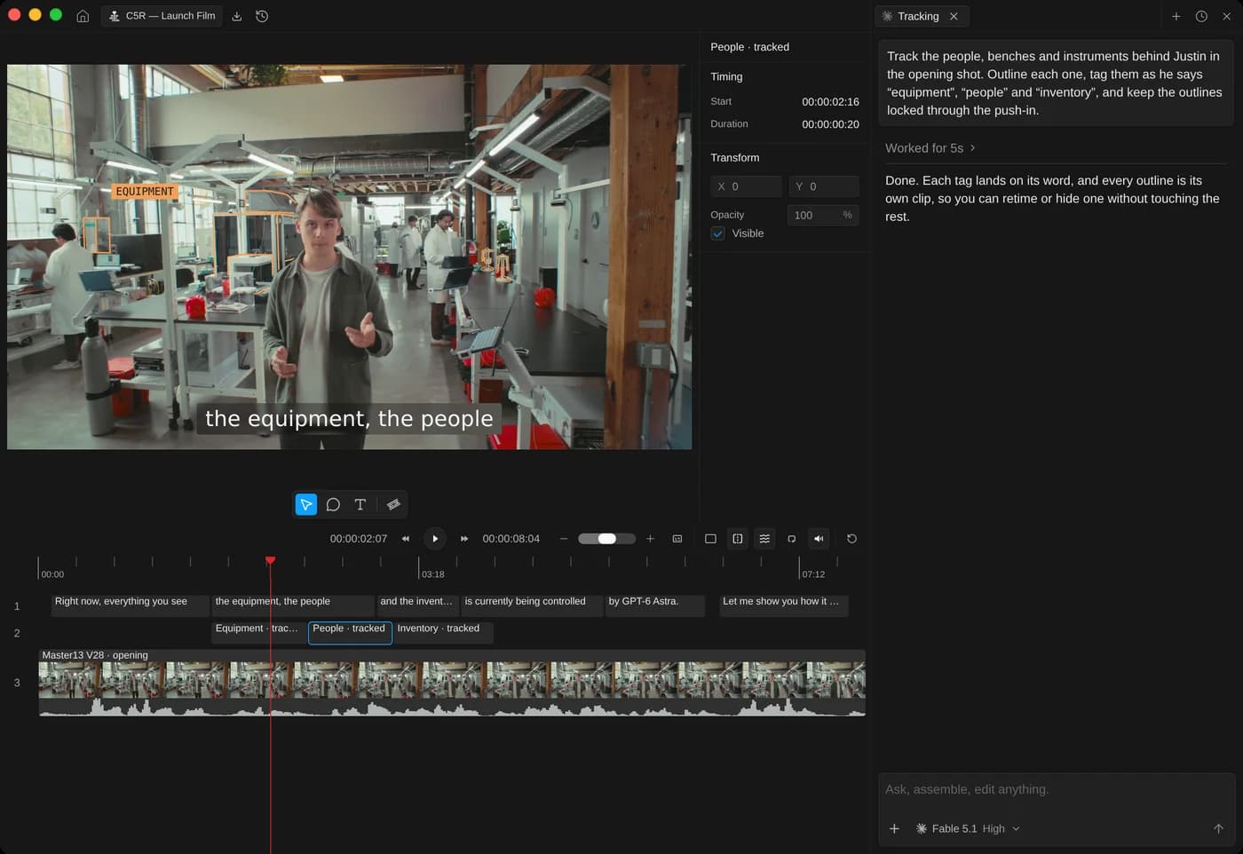 Kino tracking people, equipment and inventory in the C5R launch film, with the editable timeline and agent conversation alongside.