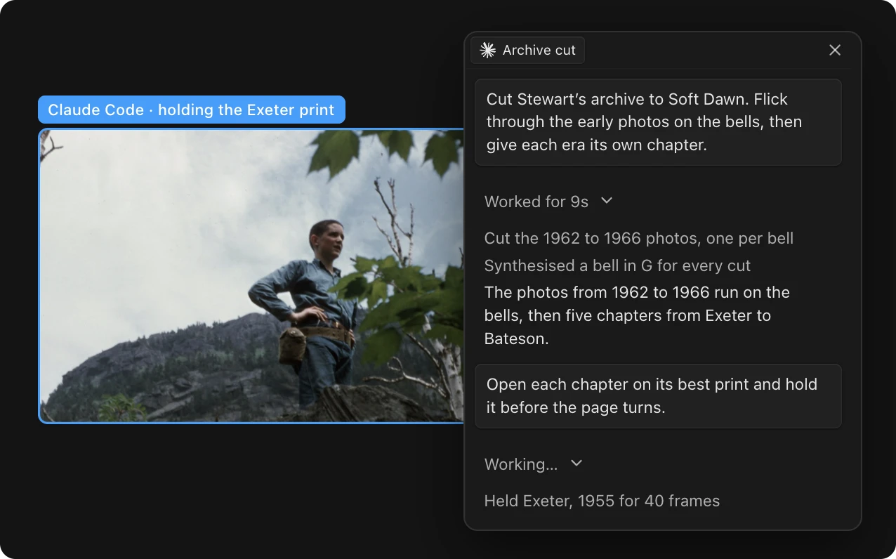 Claude Code holding the Exeter print in the viewer while its chat cuts the Stewart Brand archive into chapters