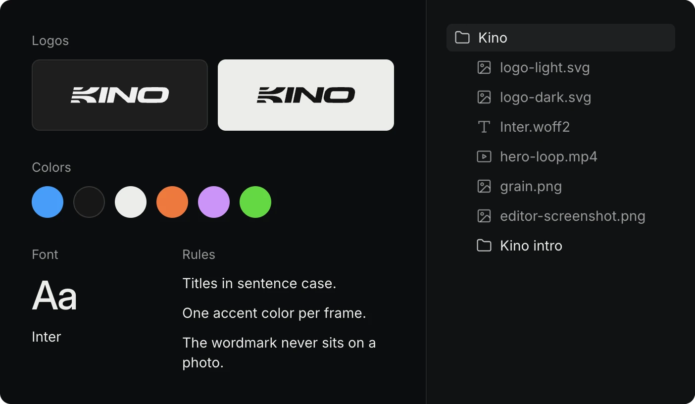 The Kino brand kit: the wordmark on dark and light tiles, six colors, Inter, and three rules (titles in sentence case, one accent color per frame, the wordmark never sits on a photo). Beside it the Kino bin holds the logos, the font, a hero loop, a grain texture, a screenshot and a Kino intro folder.