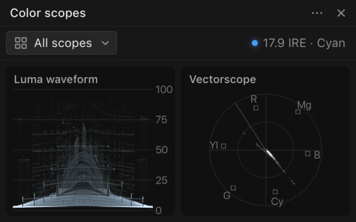 A Color scopes panel showing a luma waveform and a vectorscope for the frame at the playhead.