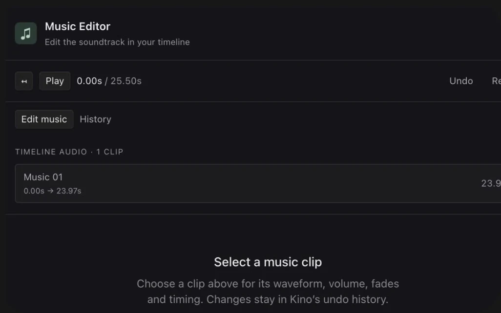 A Music Editor panel listing the one music clip on the timeline, with a note to select it to change its volume, fades and timing.