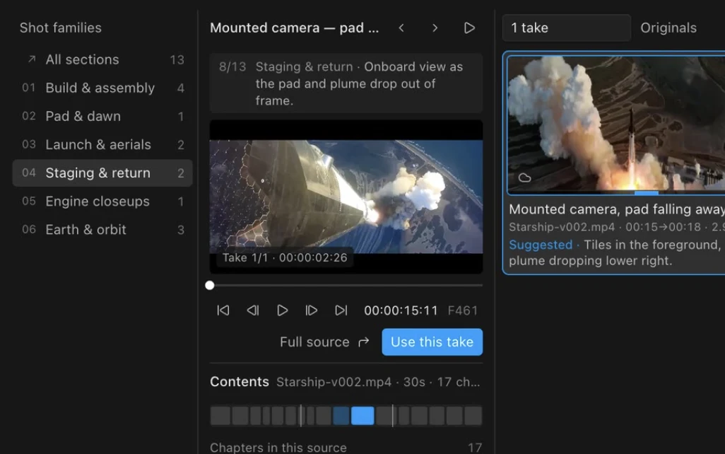 A Take selector panel: shot families on the left, a take of a rocket launch in its viewer, and a suggested take beside it.