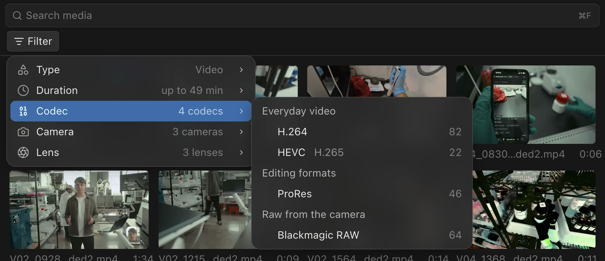 The Filter menu in the Kino media panel, open on Codec, with how many clips use each: 82 H.264, 22 HEVC, 46 ProRes and 64 Blackmagic RAW.