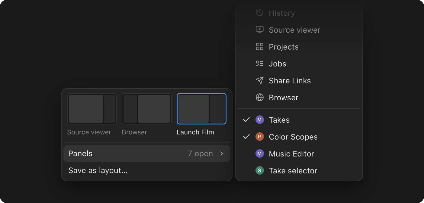 The layout menu for the Launch Film view with Panels open: Kino’s panels from History to Browser, then the custom panels Takes, Color Scopes, Music Editor and Take selector, each with its maker’s picture. Takes and Color Scopes have check marks.