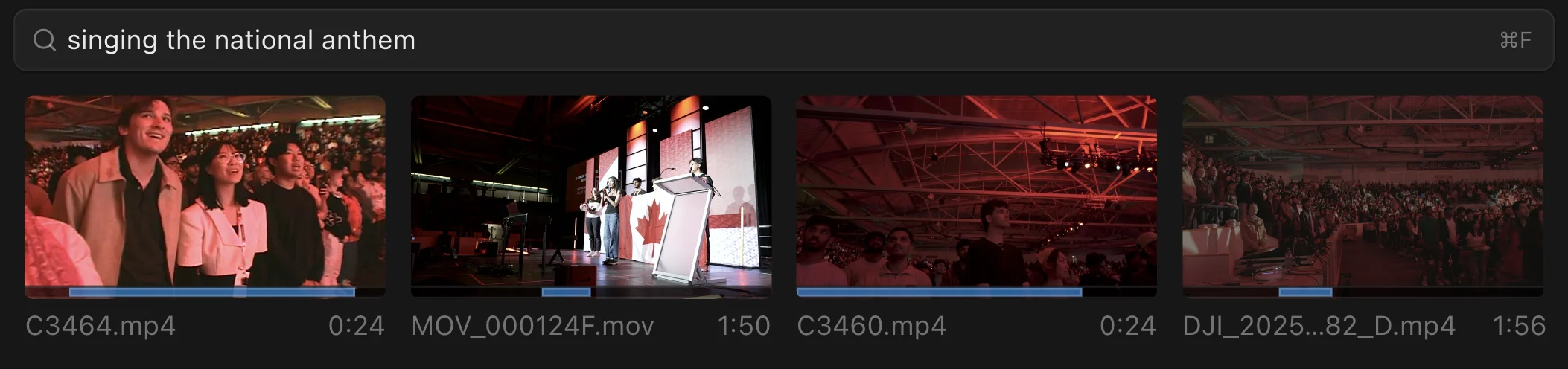 The Kino media panel searching for “singing the national anthem”. Each matching clip has a blue mark on its strip where the singing happens.