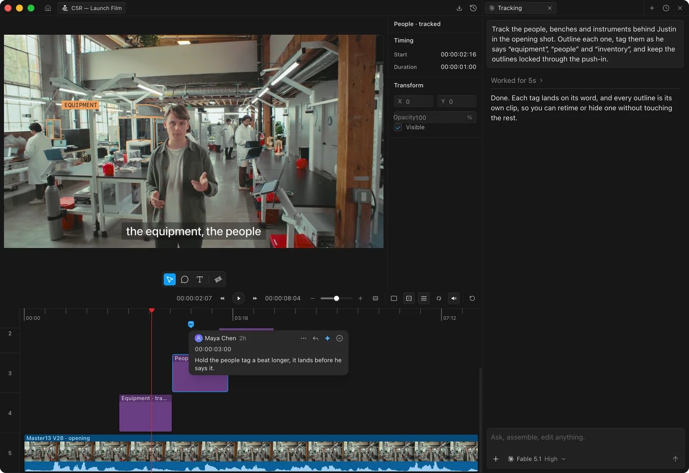The Kino editor tracking the people, equipment and inventory behind Justin in the C5R launch film
