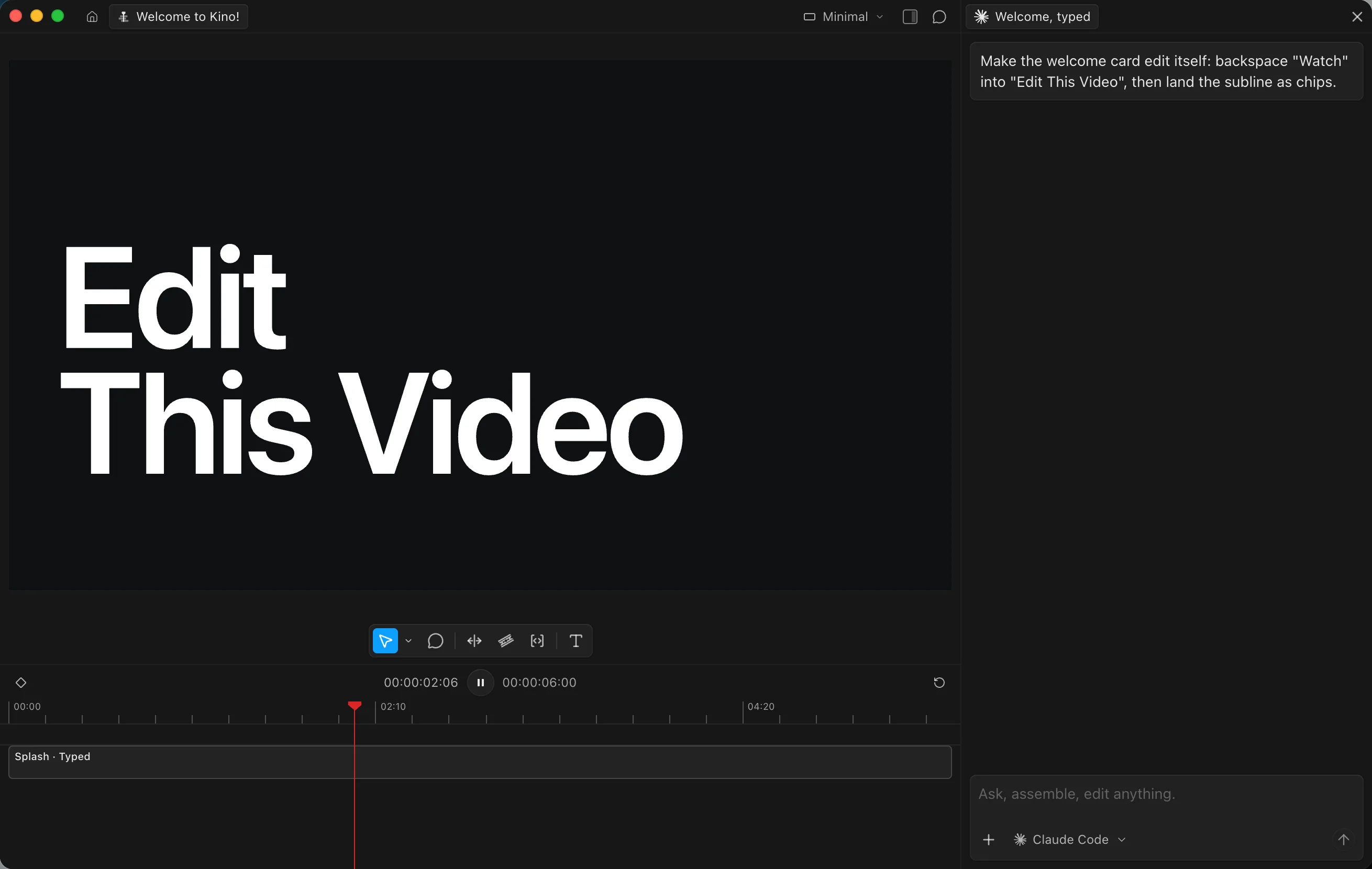 The Kino editor playing the “Edit This Video” welcome title
