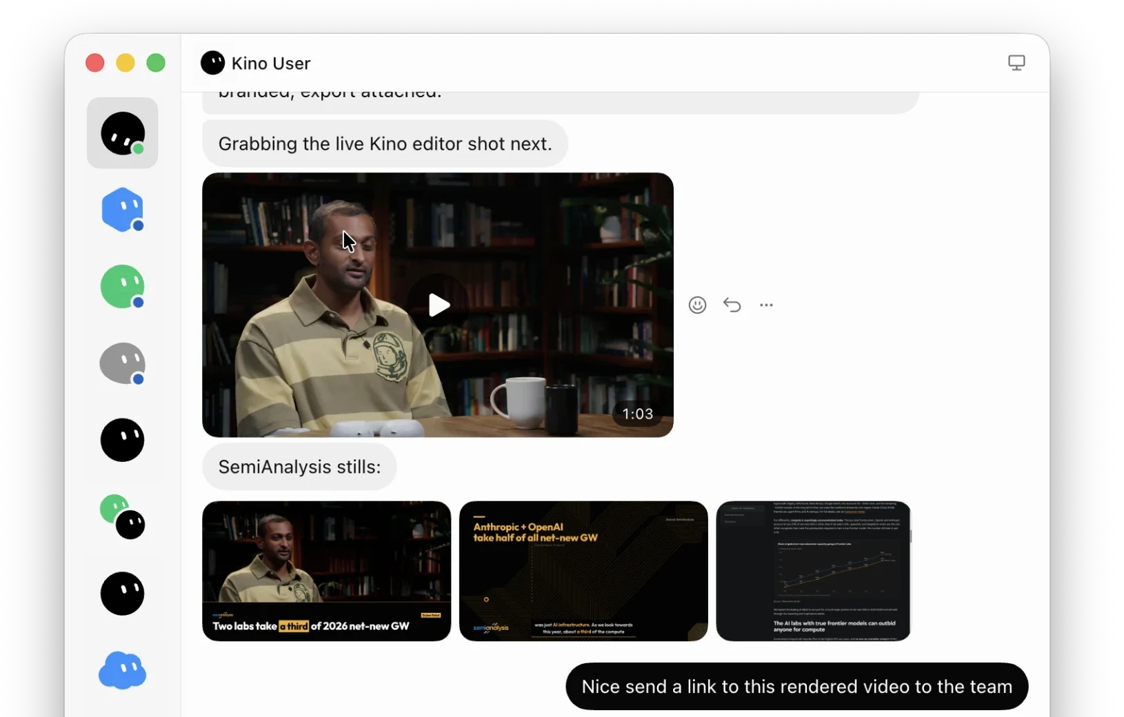 A Grok Bot thread: the bot posts the rendered SemiAnalysis cut and stills, then is asked to send the link to the team