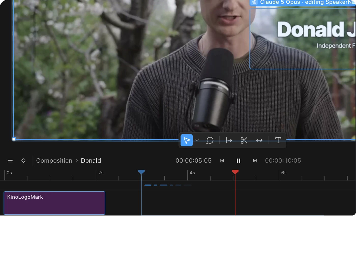 Kino editor with the Donald interview open and a title on the timeline