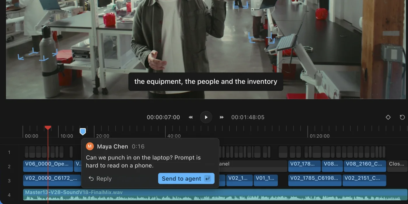 The Kino timeline with a reviewer’s note open at 0:16: “Can we punch in on the laptop? Prompt is hard to read on a phone.”, with Reply and Send to agent.